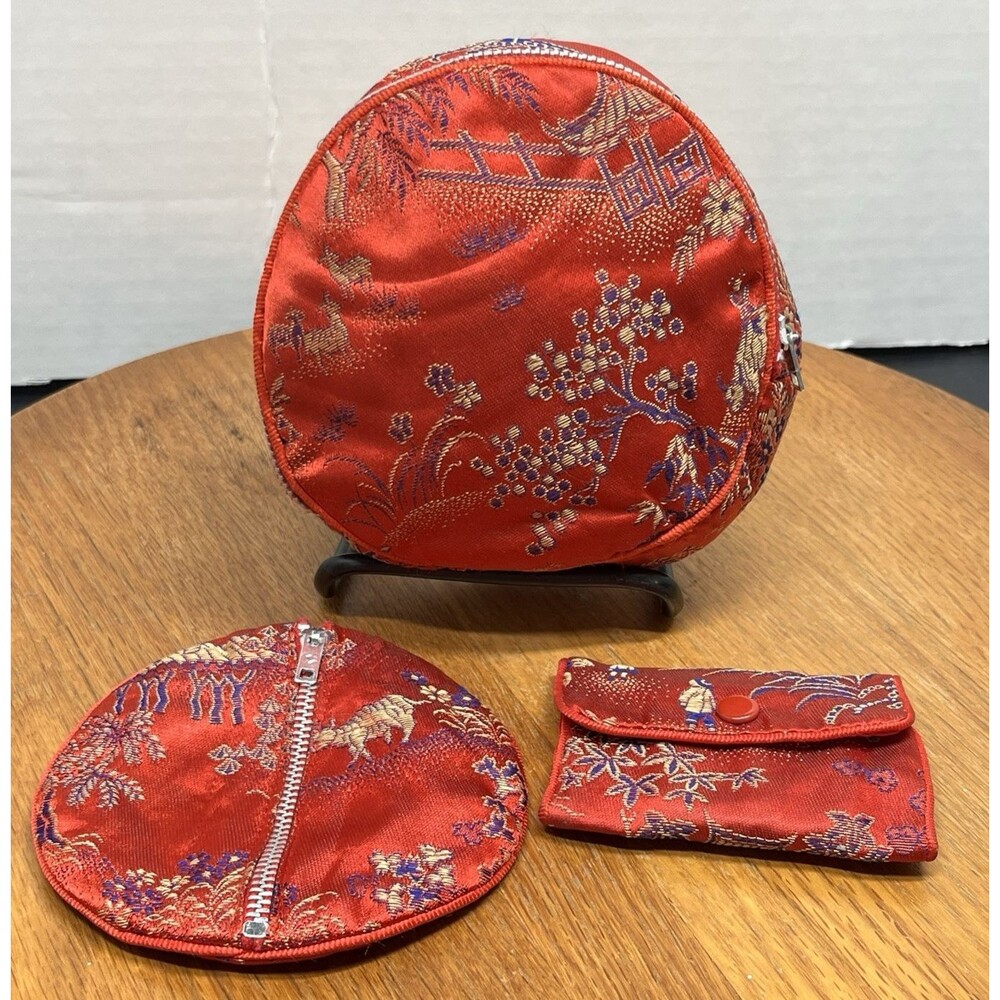 Vintage Set of 3 Chinese Brocade Embroidered Circular Cosmetic Bag